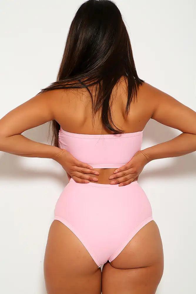 Sexy Pink Strappy Cut Out High Waist Swimsuit - AMIClubwear