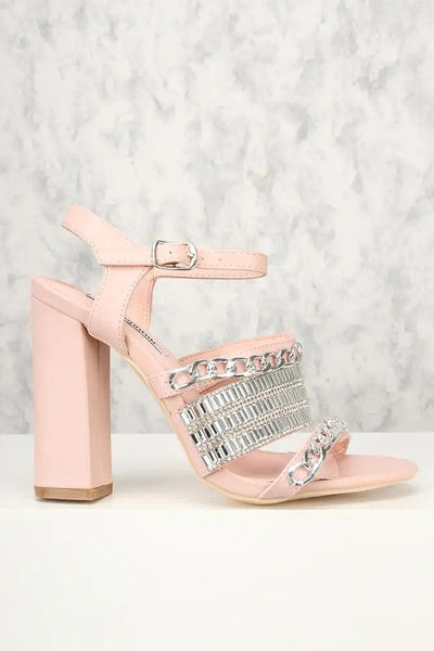 Sexy Pink Strappy Gemstone Accent Open Toe Chunky Heel Single Soles - AMIClubwear