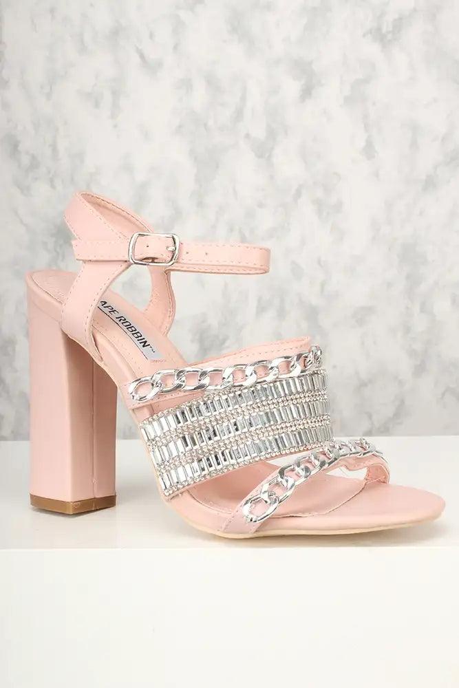 Sexy Pink Strappy Gemstone Accent Open Toe Chunky Heel Single Soles - AMIClubwear