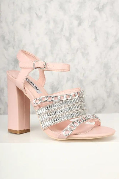 Sexy Pink Strappy Gemstone Accent Open Toe Chunky Heel Single Soles - AMIClubwear