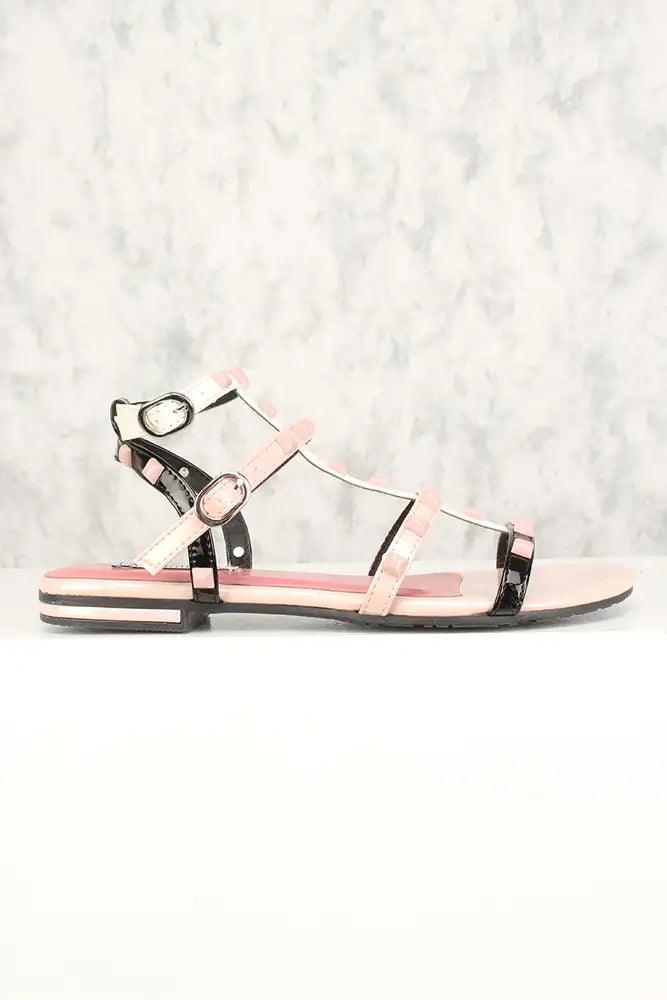 Sexy Pink Studded Open Toe Sandals Patent - AMIClubwear