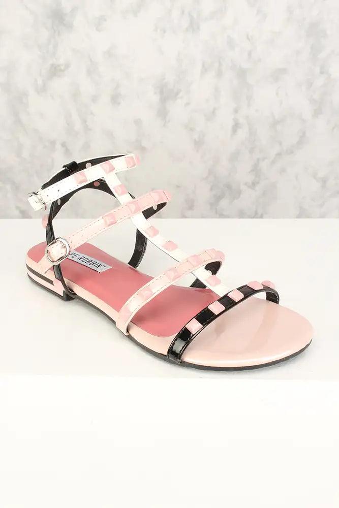 Sexy Pink Studded Open Toe Sandals Patent - AMIClubwear