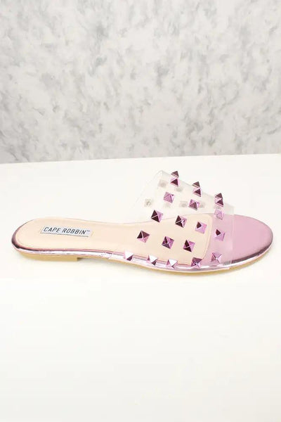 Sexy Pink Studded Slip On Sandals Patent - AMIClubwear