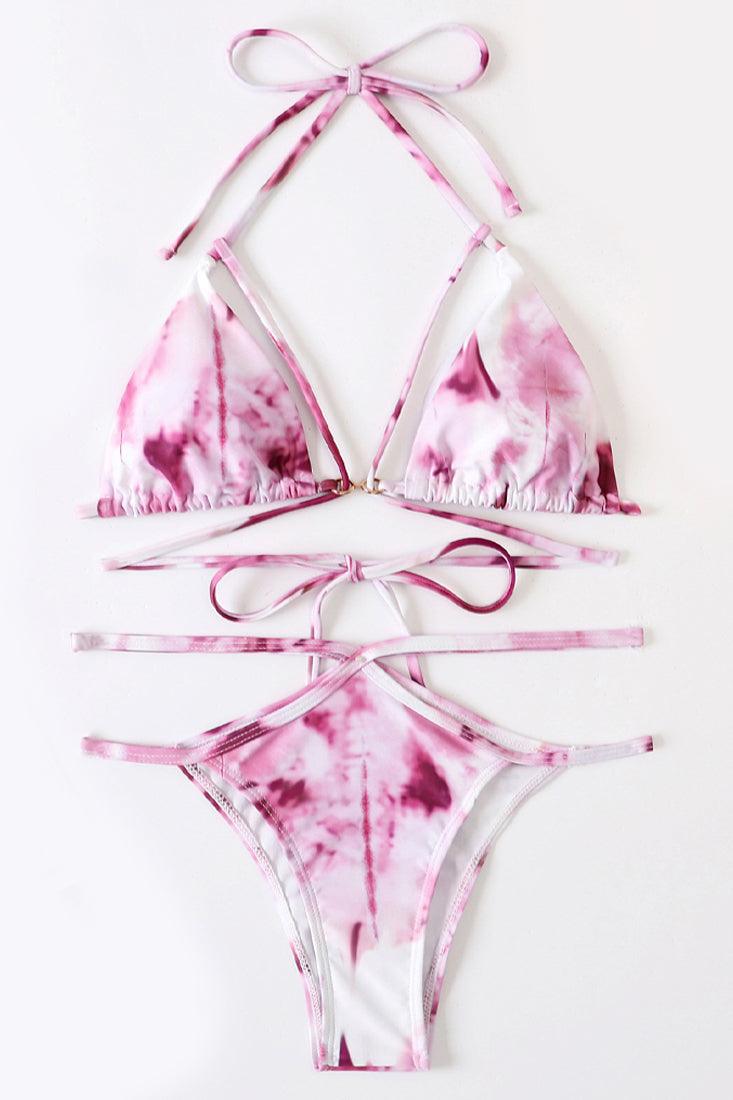 Sexy Pink Tie Dye Cut Out Strappy 2 Pc Bikini Set - AMIClubwear