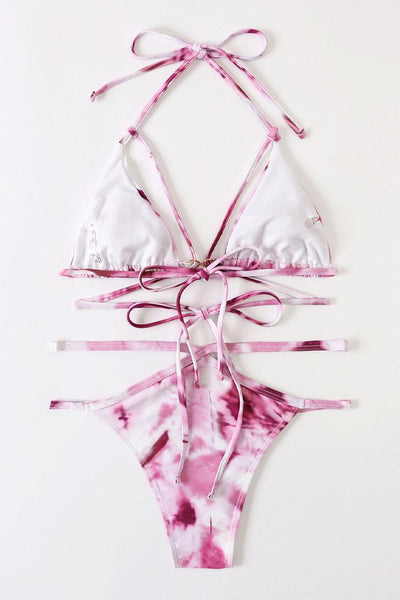 Sexy Pink Tie Dye Cut Out Strappy 2 Pc Bikini Set - AMIClubwear