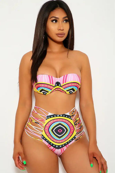 Sexy Pink Tribal Print Strappy High Waist Swimsuit - AMIClubwear