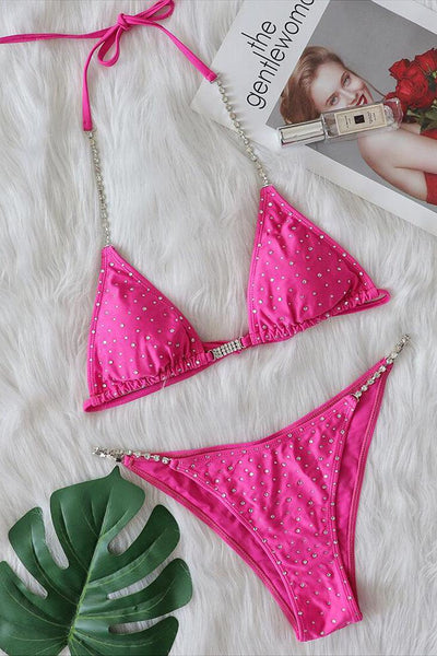 Sexy Pink Two Piece Swimsuit Silver Rhinestone - AMIClubwear
