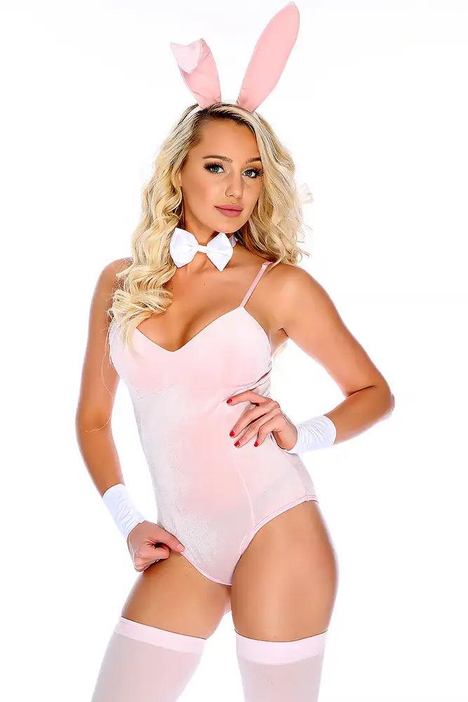 Sexy Pink Velvet Padded 9 Pc Bunny Costume - AMIClubwear