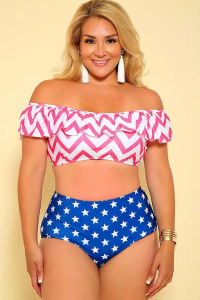 Sexy Pink White Blue Chevron Star High Waist Plus Size Two Piece Swimsuit - AMIClubwear