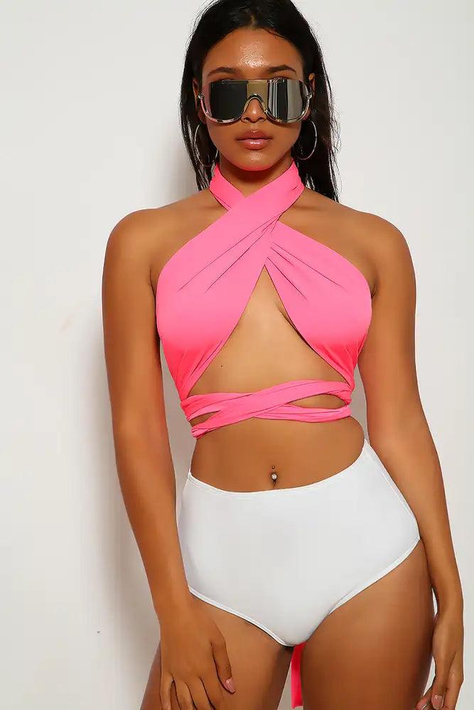 Sexy Pink White Versatile Wrap Around High Waist Two Piece Swimsuit - AMIClubwear