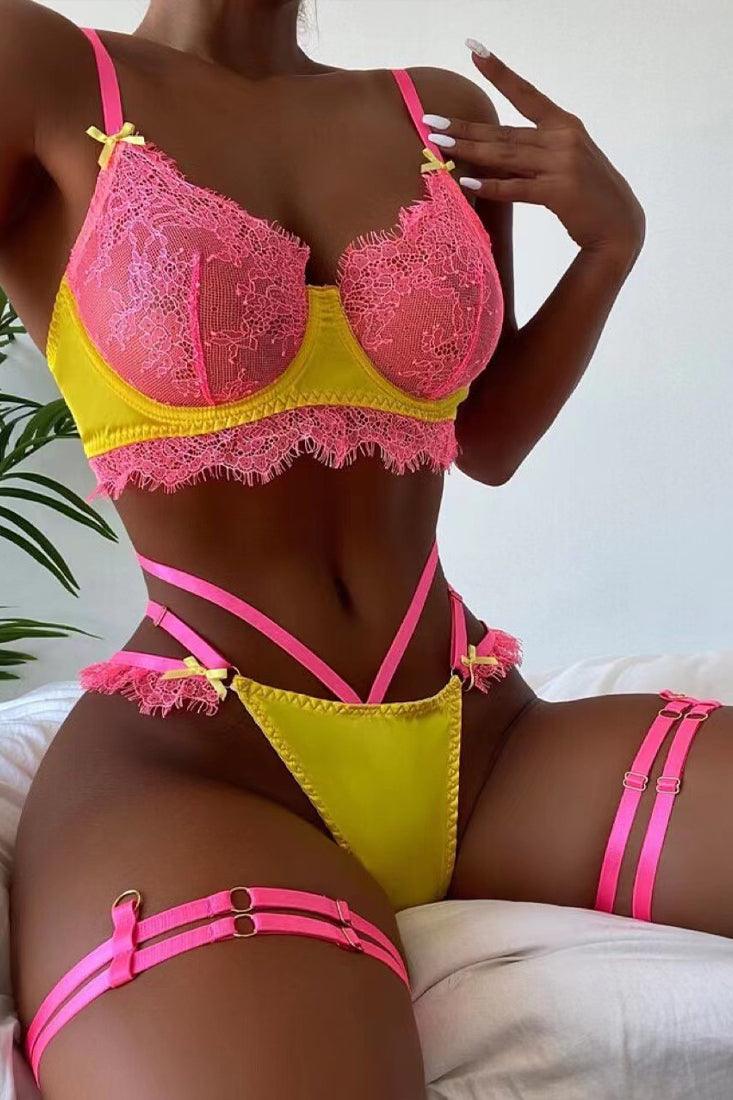 Sexy Pink Yellow Lingerie Lace Set - AMIClubwear