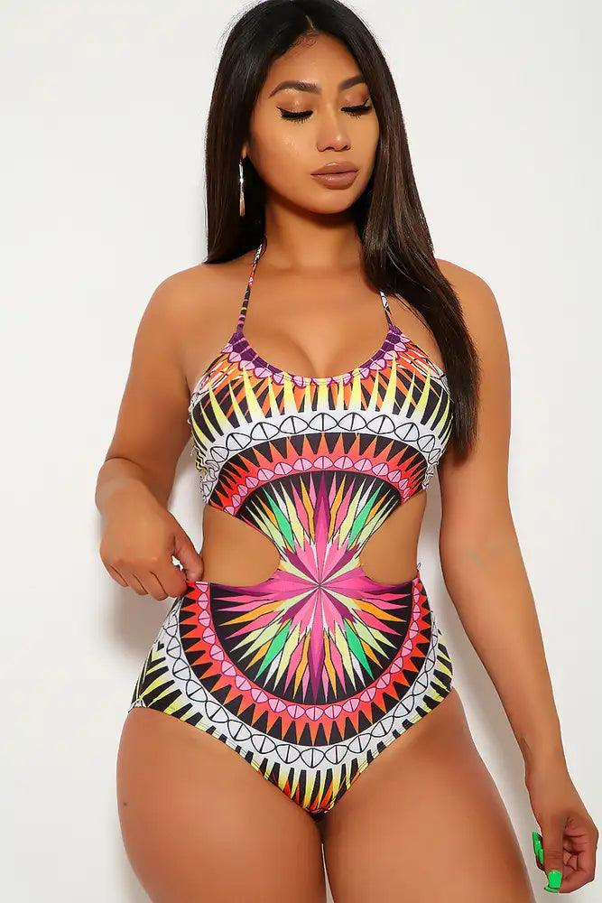 Sexy Pink Yellow Tribal Print Cut Out One Piece Swimsuit - AMIClubwear