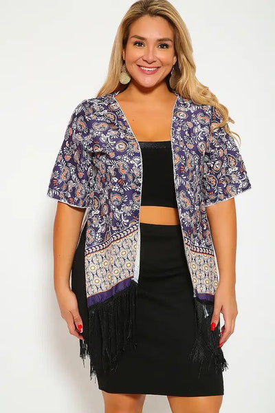 Sexy Plum Black Printed Pattern Fringe Swimsuit Cover Up Kimono - AMIClubwear