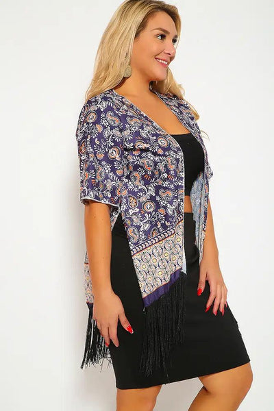 Sexy Plum Black Printed Pattern Fringe Swimsuit Cover Up Kimono - AMIClubwear