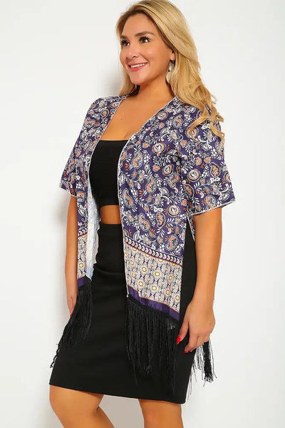 Sexy Plum Black Printed Pattern Fringe Swimsuit Cover Up Kimono - AMIClubwear