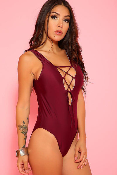 Sexy Plum Lace Up One Piece Swimsuit - AMIClubwear