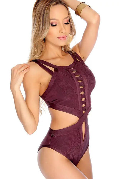 Sexy Plum Strappy Sleeveless High Neck Side Cut Out Open Back Swimsuit - AMIClubwear