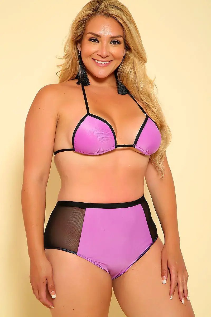Sexy Purple Black Two Tone Mesh High Waist Plus Size 2Pc. Swimsuit