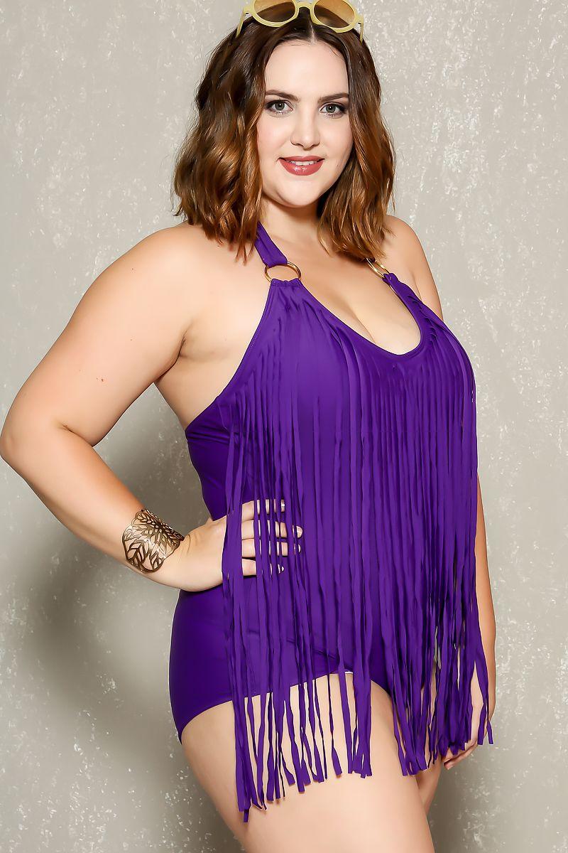 Sexy Purple Fringe Accent Sexy Plus Size Bikini - AMIClubwear