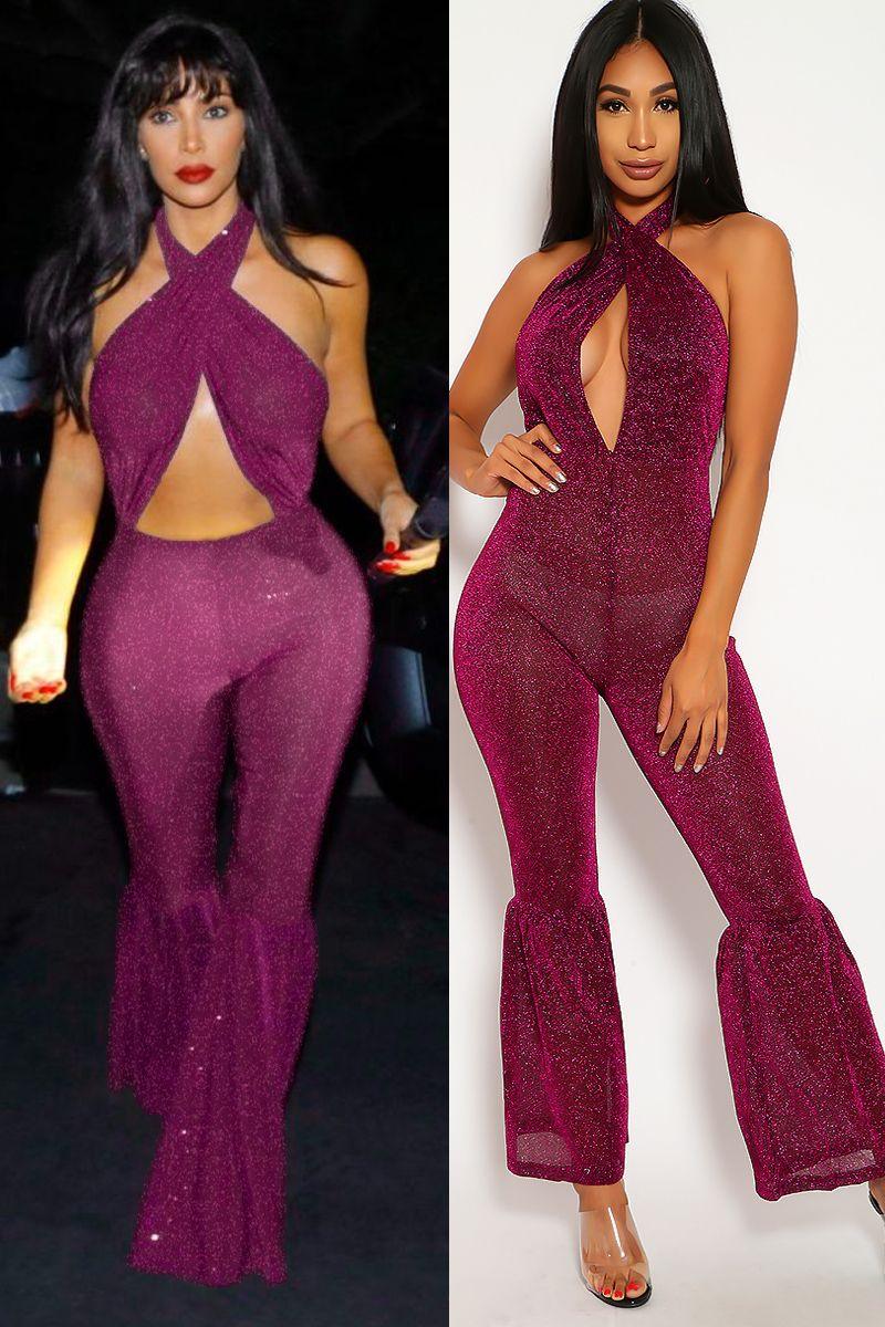 Sexy Purple Glittery Mesh Flared Singer Costume - Kim K Costume Style - AMIClubwear