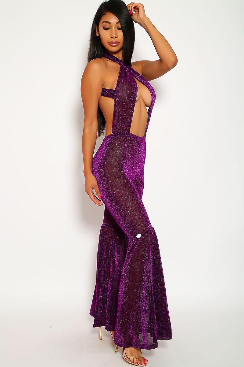 Sexy Purple Glittery Mesh Flared Singer Costume - Kim K's Costume Style - AMIClubwear