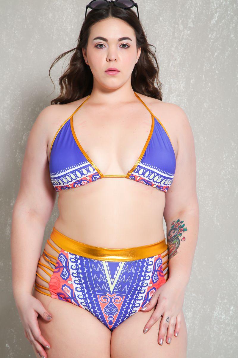 Sexy Purple Gold Tribal Print Strappy Plus Size Two Piece Swimsuit - AMIClubwear