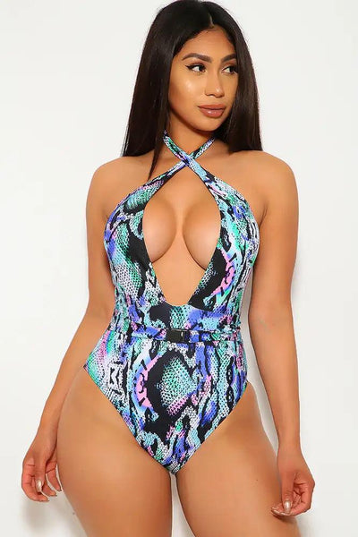 Sexy Purple Green Snake Print Halter One Piece Swimsuit - AMIClubwear