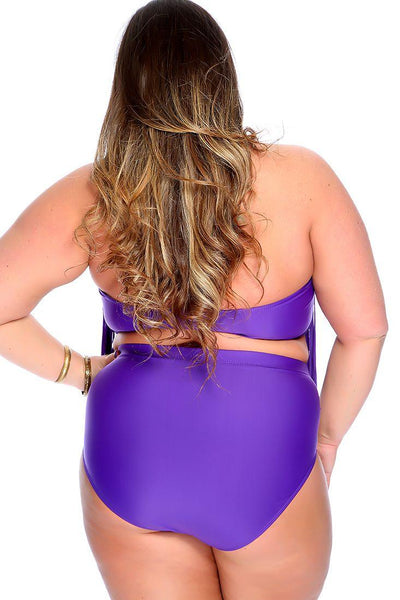 Sexy Purple Padded Fringe High Waist Plus Size Swimsuit - AMIClubwear