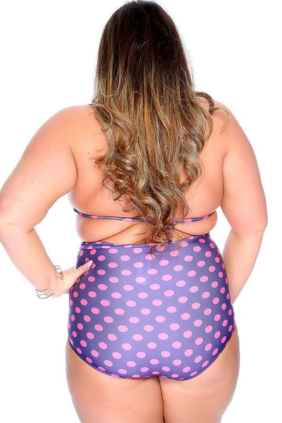 Sexy Purple Polka Dot High Waist Plus Size Swimsuit - AMIClubwear