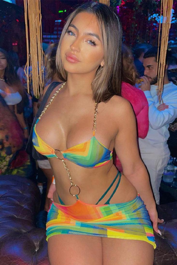 Sexy Rainbow Color Block Bold Chain Club Dress - AMIClubwear