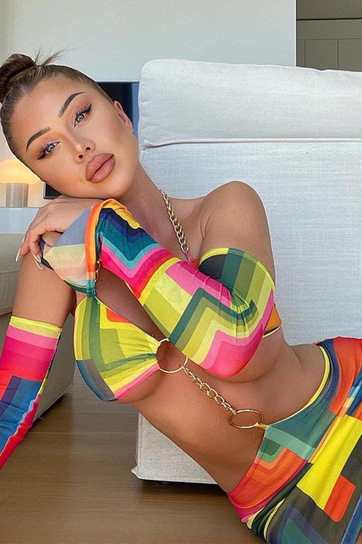 Sexy Rainbow Color Block Bold Chain Club Dress - AMIClubwear