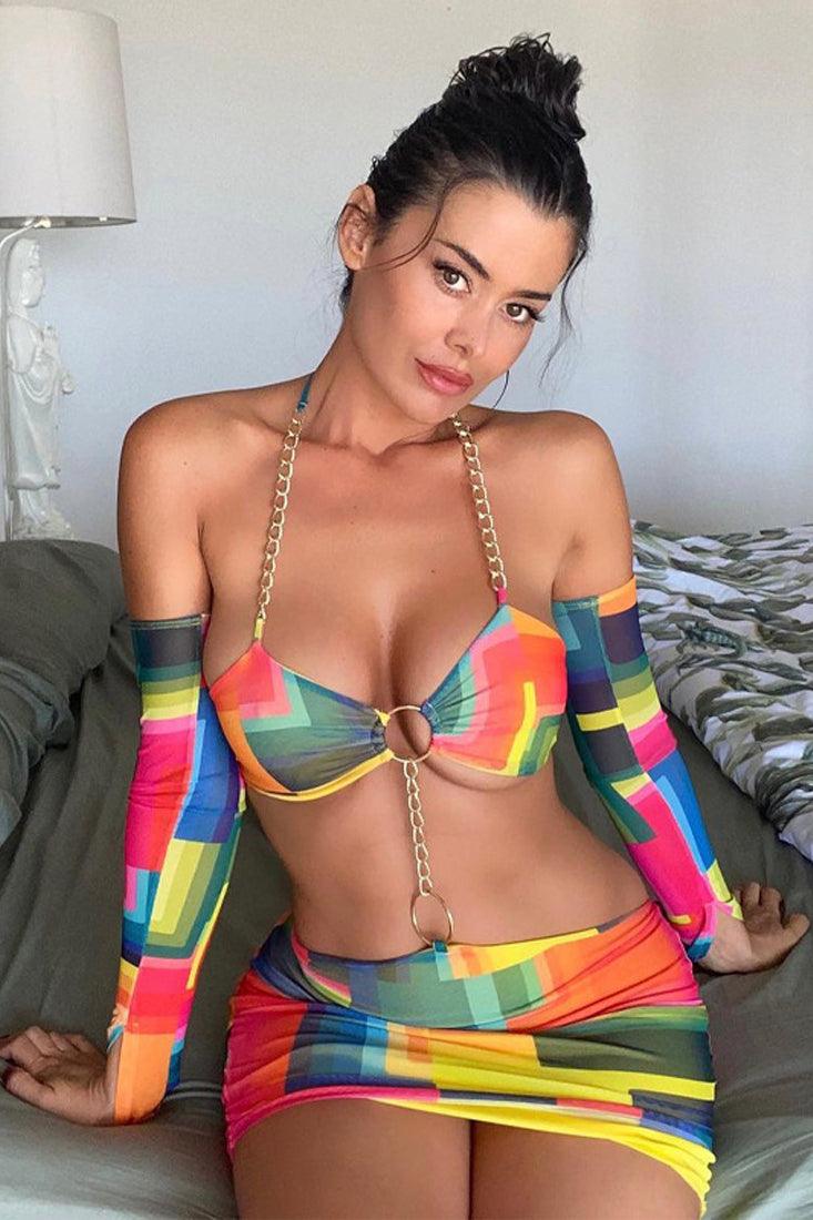 Sexy Rainbow Color Block Bold Chain Club Dress - AMIClubwear
