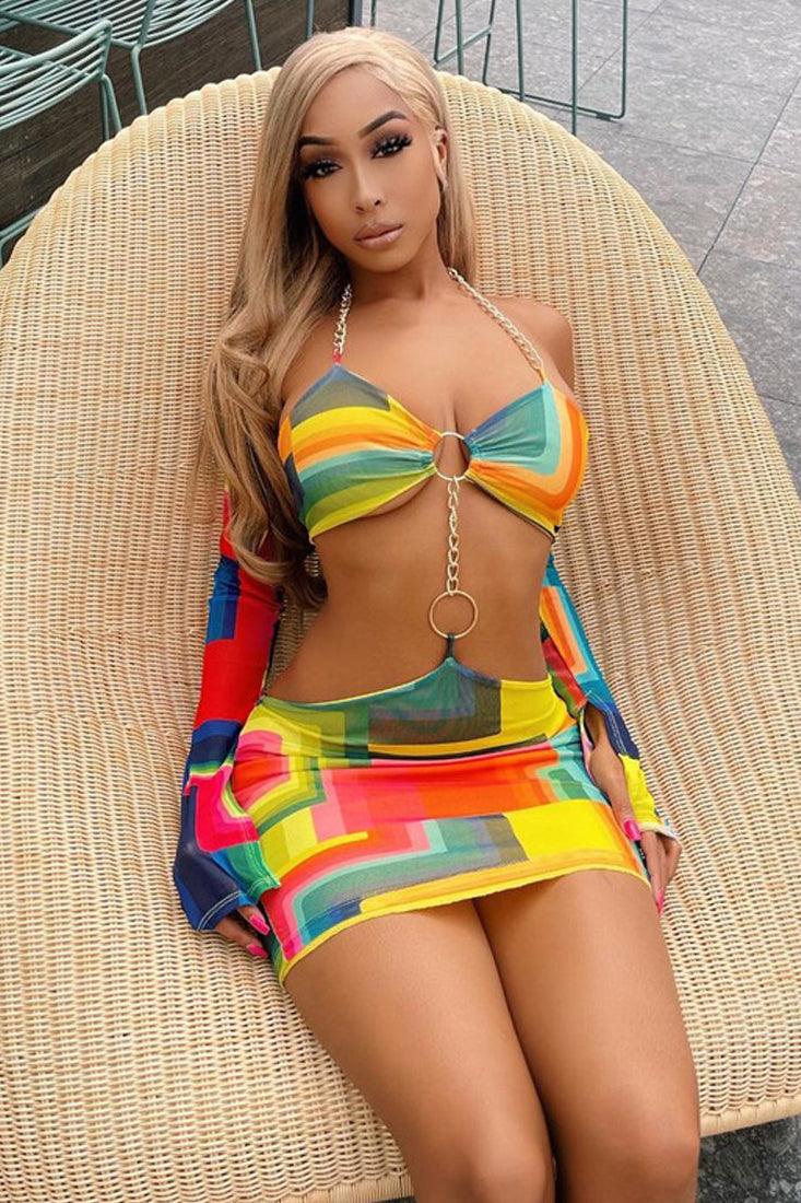 Sexy Rainbow Color Block Bold Chain Club Dress - AMIClubwear