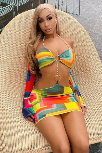 Sexy Rainbow Color Block Bold Chain Club Dress - AMIClubwear