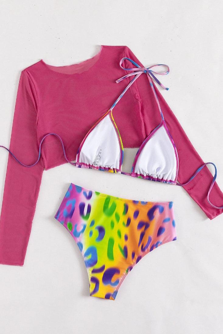 Sexy Rainbow Leopard Bikini With Pink Coverup - AMIClubwear