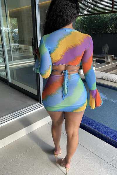 Sexy Rainbow Long Sleeve Cropped 2 Pc Set - AMIClubwear