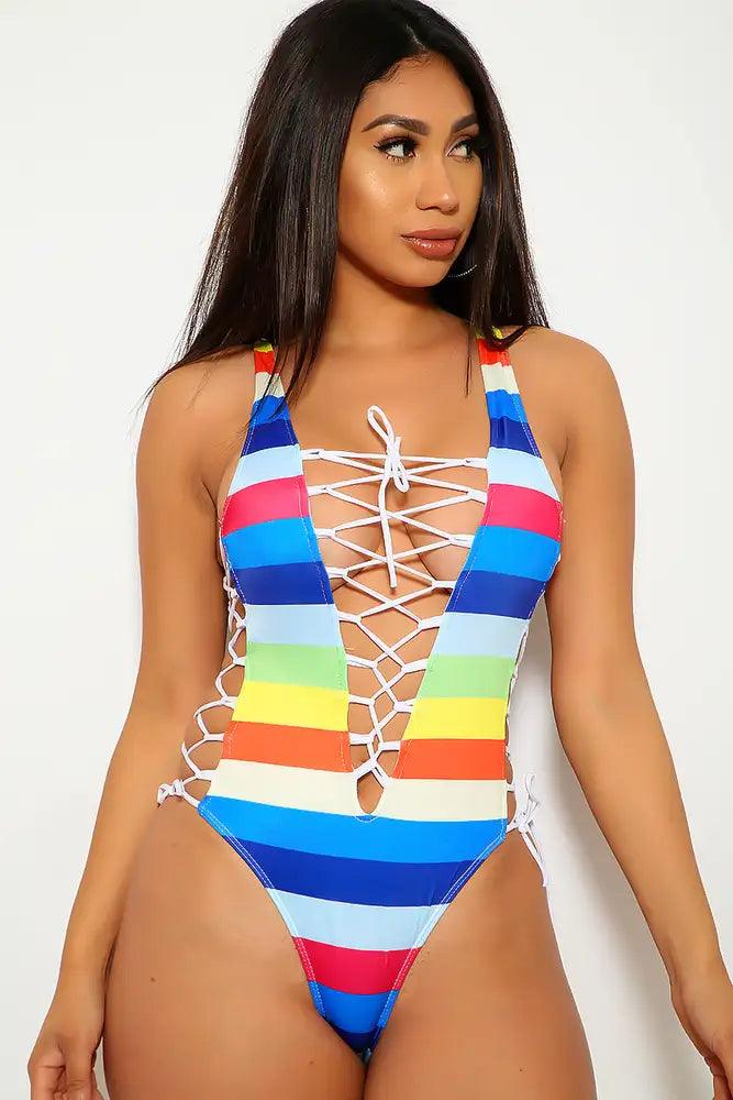 Sexy Rainbow Strappy Caged One Piece Swimsuit - AMIClubwear