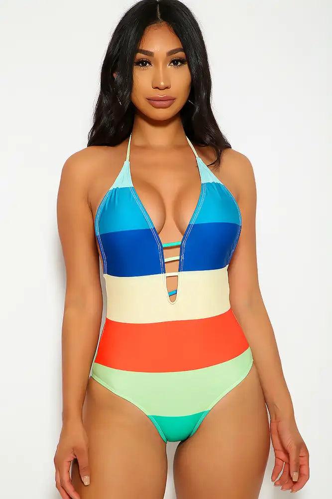 Sexy Rainbow Striped Caged Plunging One Piece Swimsuit - AMIClubwear