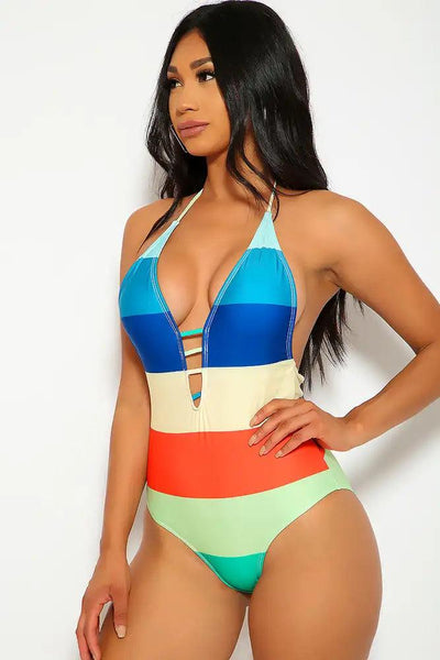 Sexy Rainbow Striped Caged Plunging One Piece Swimsuit - AMIClubwear