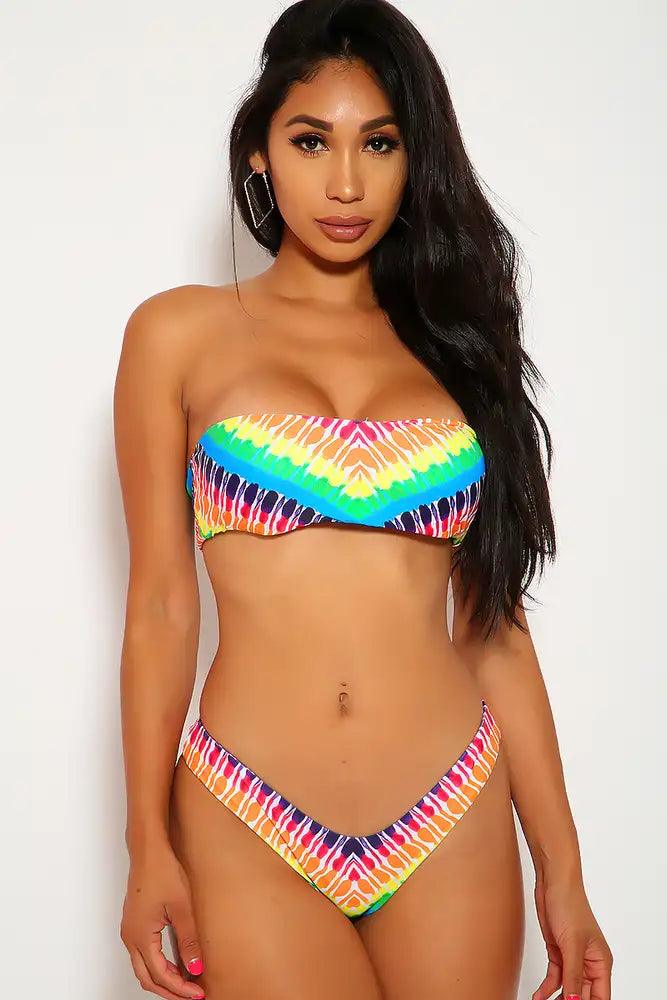 Sexy Rainbow Tie Dye Print Bandeau Cheeky Two Piece Swimsuit - AMIClubwear