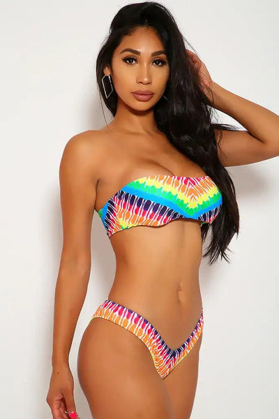 Sexy Rainbow Tie Dye Print Bandeau Cheeky Two Piece Swimsuit - AMIClubwear