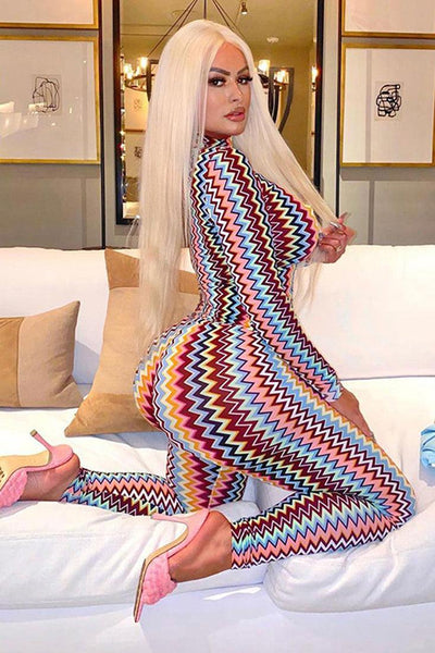 Sexy Rainbow Zig Zag Print 2pc Pants Set - AMIClubwear