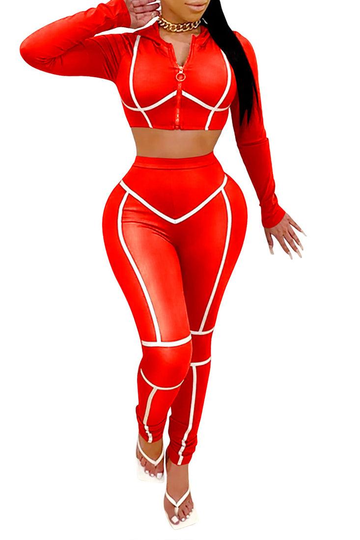 Sexy Red 2pc Long Sleeve Pants Suit White Trim