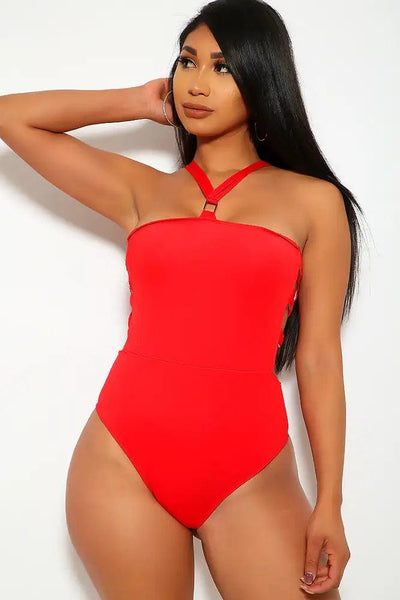 Sexy Red Accent Strappy Onepiece Swimsuit - AMIClubwear