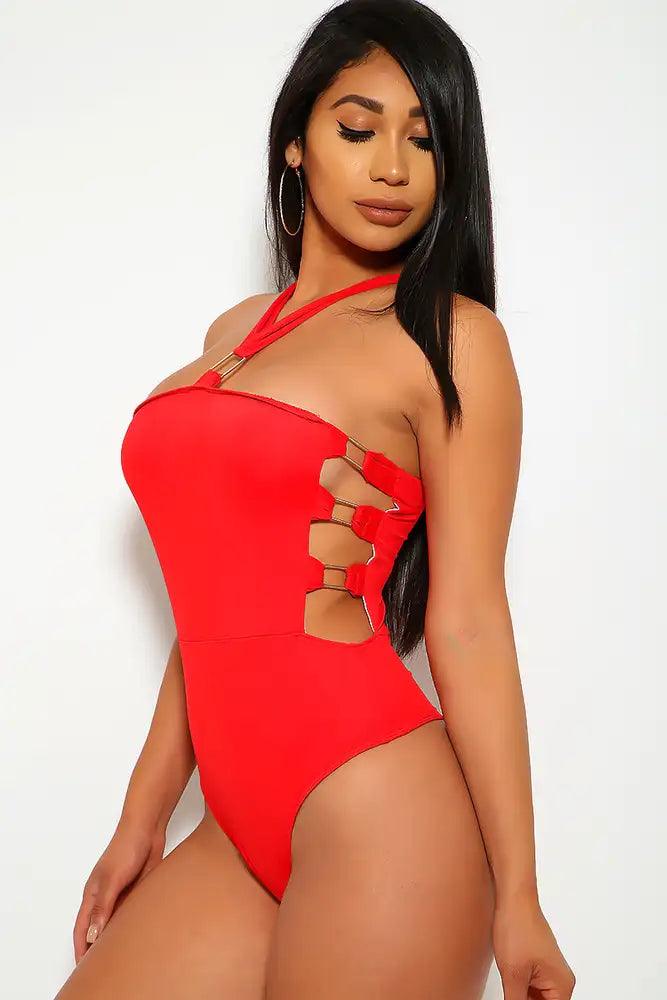 Sexy Red Accent Strappy Onepiece Swimsuit - AMIClubwear