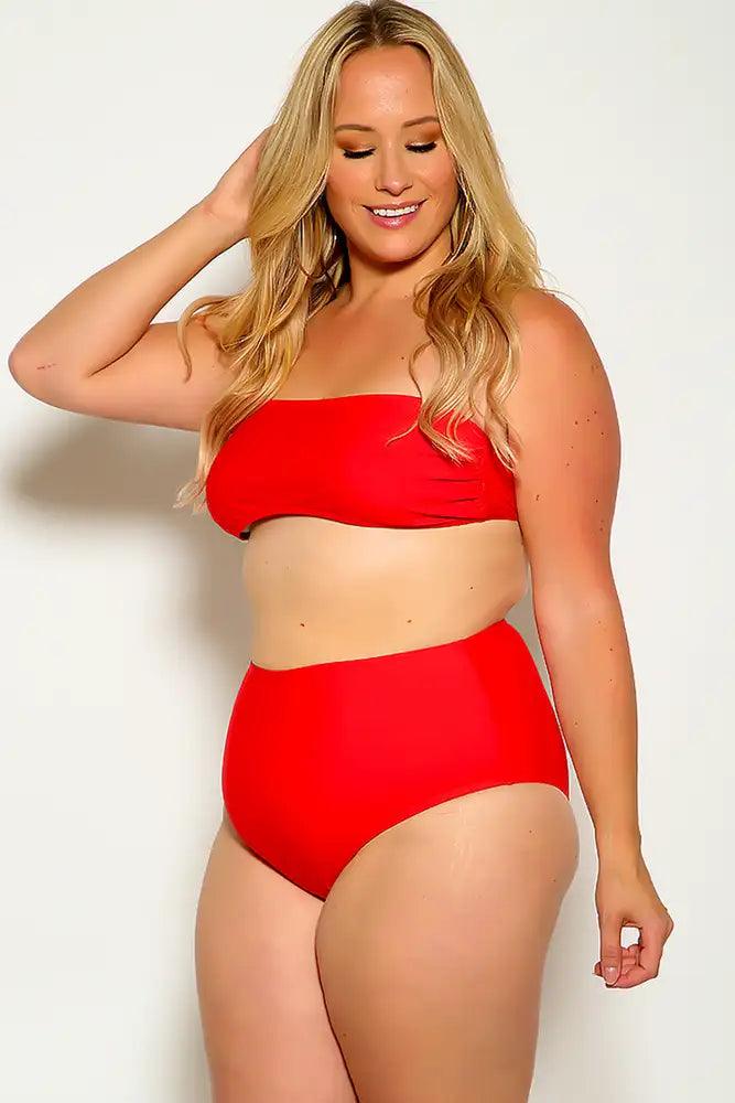 Sexy Red Bandeau High Waist Plus Size Swimsuit - AMIClubwear