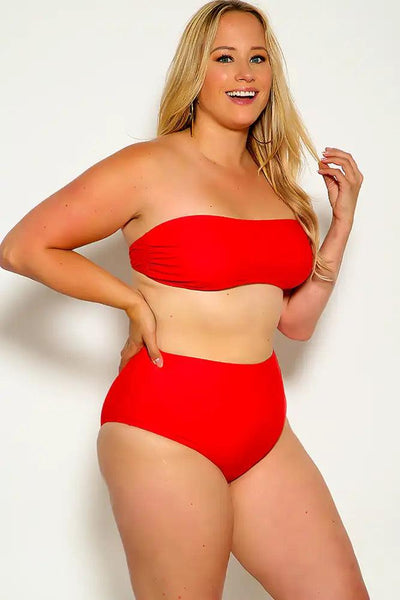 Sexy Red Bandeau High Waist Plus Size Swimsuit - AMIClubwear