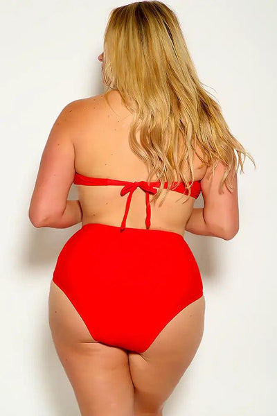 Sexy Red Bandeau High Waist Plus Size Swimsuit - AMIClubwear