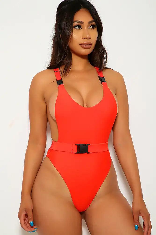 Sexy Red Belted Buckle One Piece Swimsuit - AMIClubwear