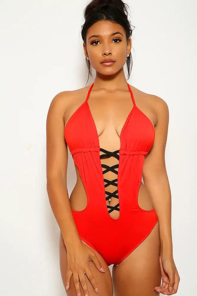 Sexy Red Black Black Strappy Pucker Back One Piece Swimsuit - AMIClubwear